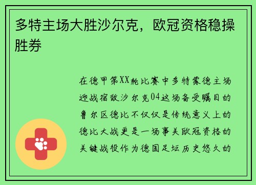 多特主场大胜沙尔克，欧冠资格稳操胜券