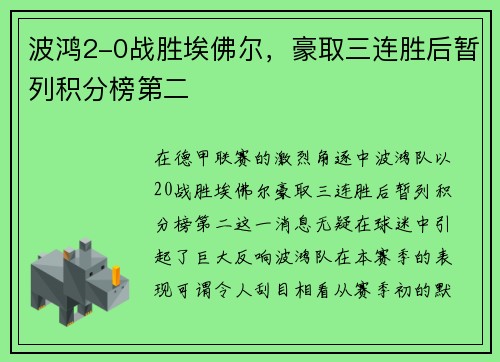 波鸿2-0战胜埃佛尔,豪取三连胜后暂列积分榜第二